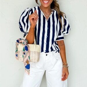 entro Navy and White Striped Puff Sleeve Button-Up Top